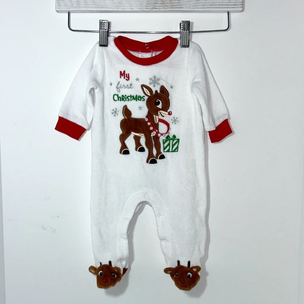 Baby Girl Rudolph 3‎ Month White Velour Christmas Footed Outfit